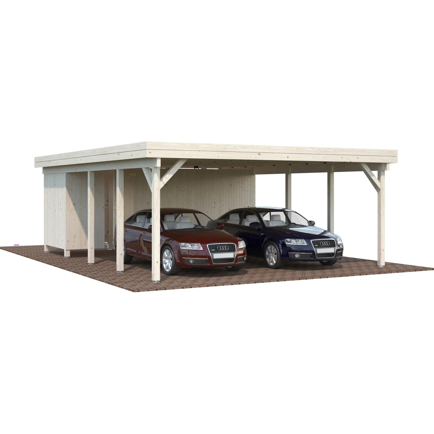 Palmako Anbauschuppen für Carport Karl mit zwei parkenden Autos.