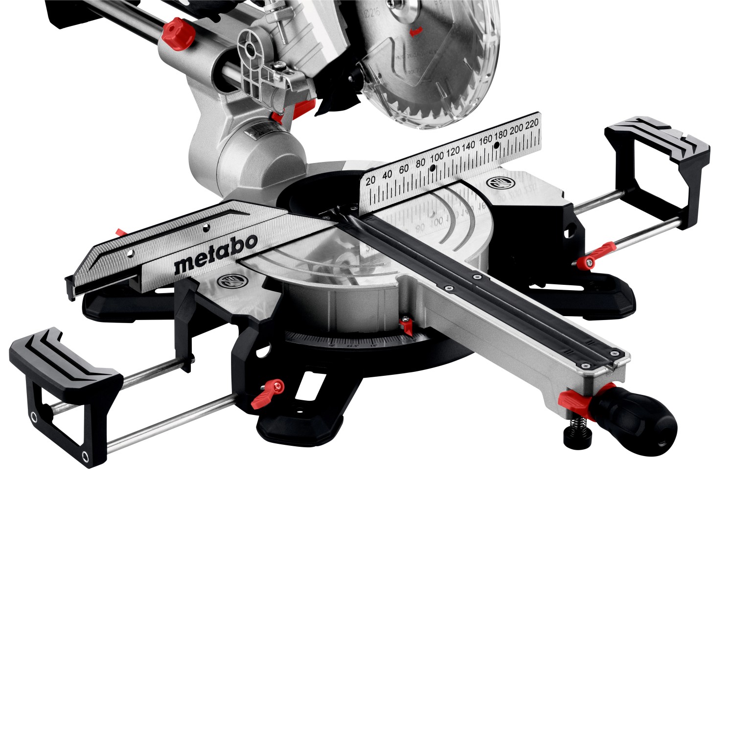 Metabo Kappsäge KGS 305 M mit Zugfunktion, Details der Säge mit ausziehbaren Tischverbreiterungen.