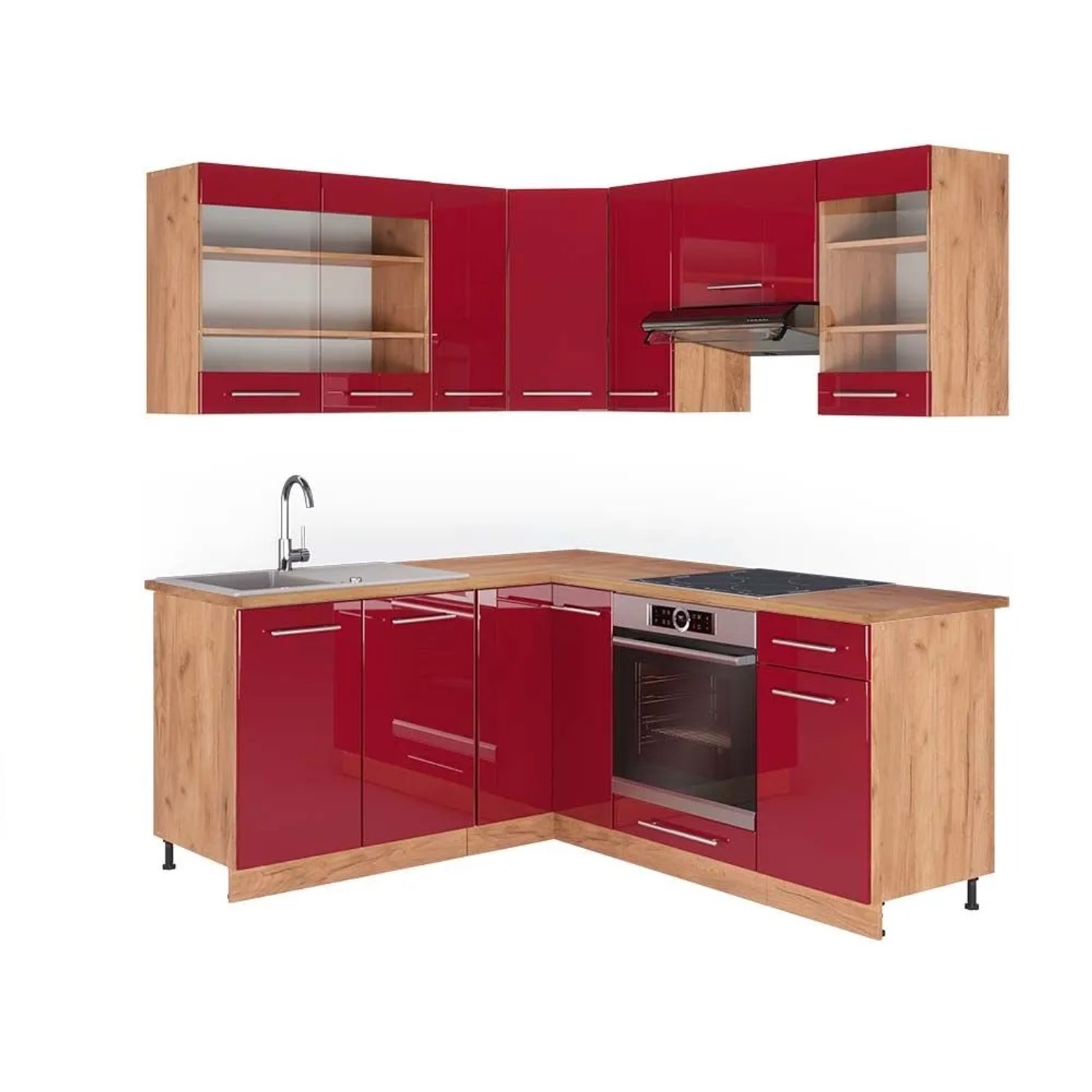 Vicco Eckküche Fame-Line Bordeaux Hochglanz/Goldkraft Eiche 190 x 82, AP Eiche