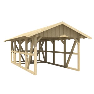 Skan Holz Carport Schwarzwald mit Dachschalung und Abstellraum, naturbelassenes Holz.