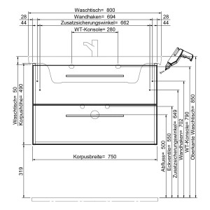 Technische Zeichnung Steinkamp Waschtischunterschrank Living 2.0 mit Villeroy&Boch Subway 3.0 Waschtisch, Maße