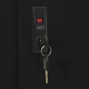 Detailaufnahme: Schloss mit Schlüssel am schwarzen vidaXL Büroschrank mit Schiebetür.
