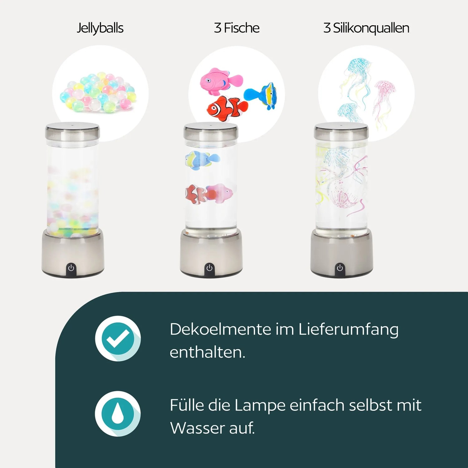 Eglo LED-Lavaleuchte Aqua, silber-transparent, mit Fischen, Quallen und Jellyballs. RGB-Wasserleuchte.