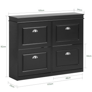 Schwarzer SoBuy Schuhschrank FSR79-SCH mit 4 Klappen und Maßangaben.