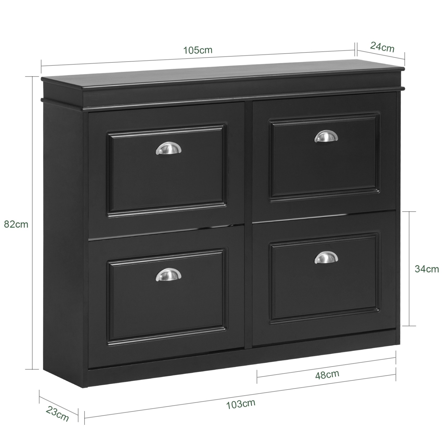 Schwarzer SoBuy Schuhschrank FSR79-SCH mit 4 Klappen und Maßangaben.