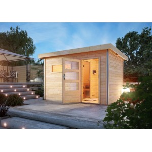 Karibu Saunahaus Hendrik 1 mit Bio-Ofen und externer Steuerung im Garten.
