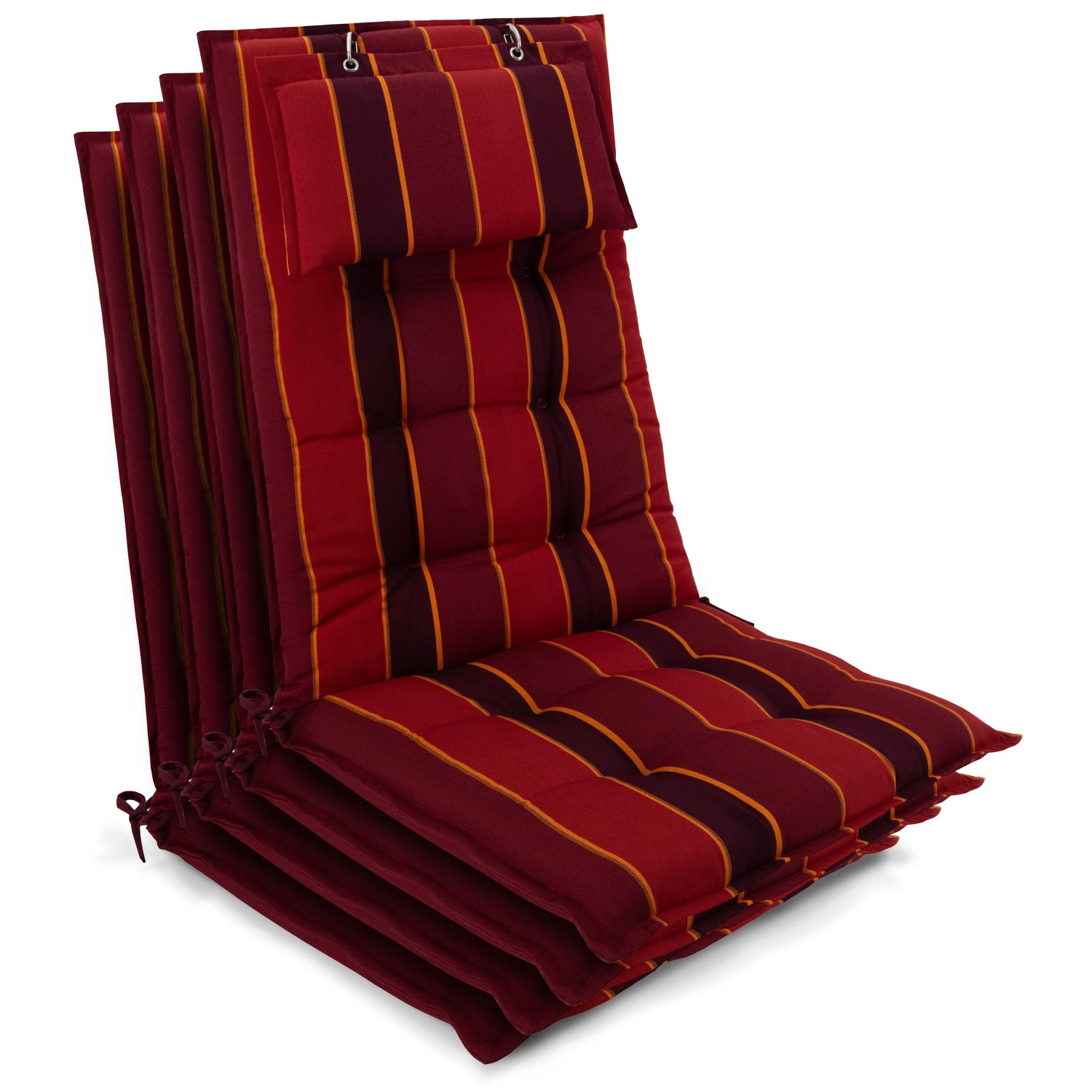 Beautissu 4er Set Sun-HL Hochlehner Auflage 120x50x8cm Rot-Anthrazit-Gestreift