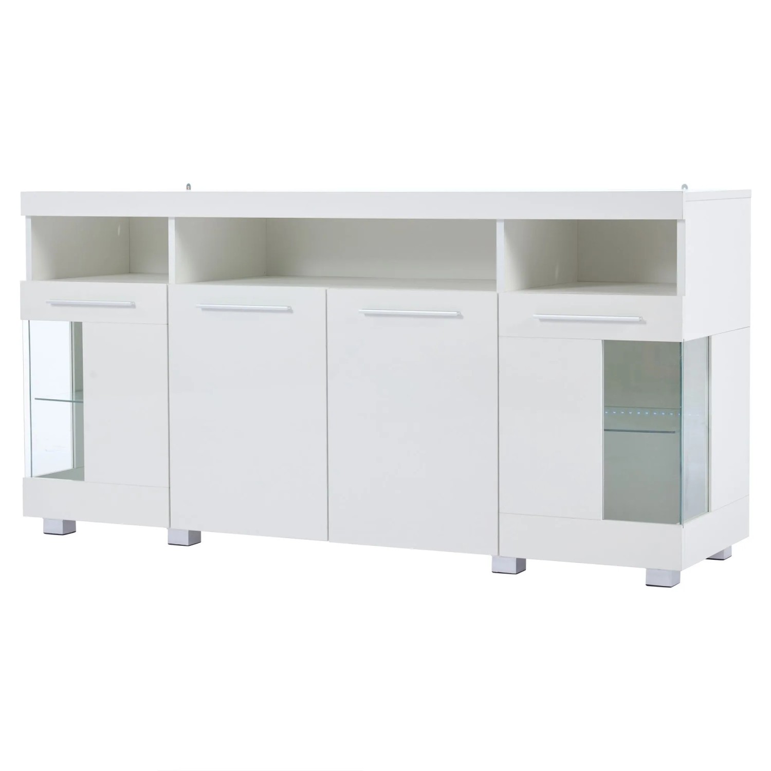 okwish Sideboard mit LED Hochglanz Glasfächer Wohnzimmer 140x40x70 cm Weiß