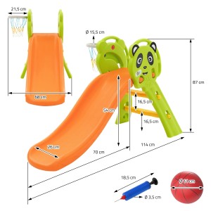 Joyz Kinderrutsche 2in1 grün-orange mit Basketballkorb und Ball, Maße eingezeichnet.