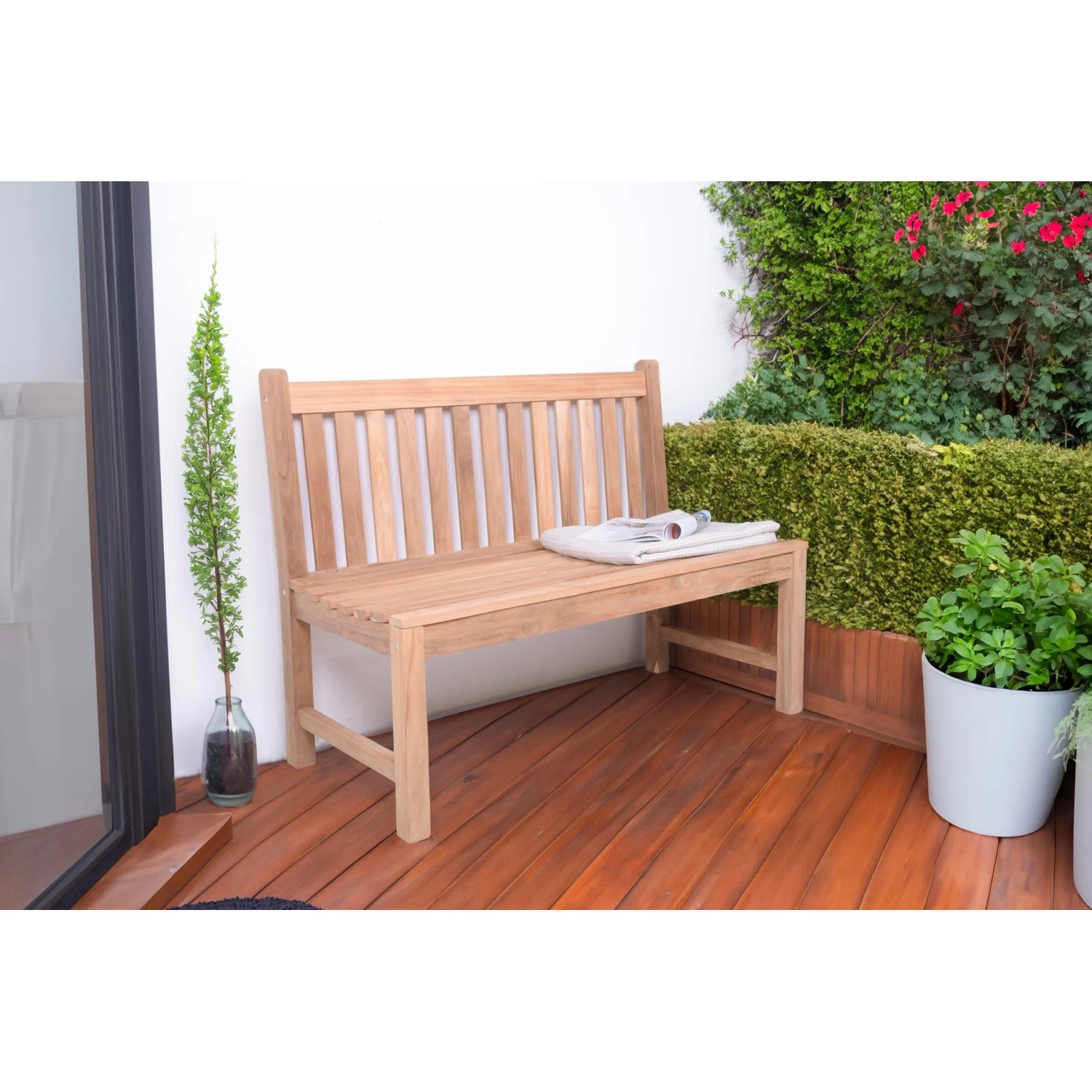 DELUKE Gartenbank OMAR 2-Sitzer Ohne Armlehnen 120cm Breit Teak Hellbraun Terrassenbank Wetterfest Sitzbank Outdoor Bank_2