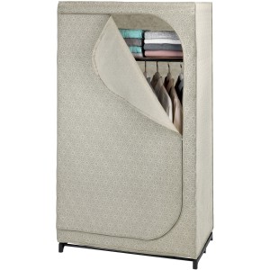 Wenko Kleiderschrank Balance Taupe mit Ablage, teilgeöffnet, Textil-Schrank mit Muster.