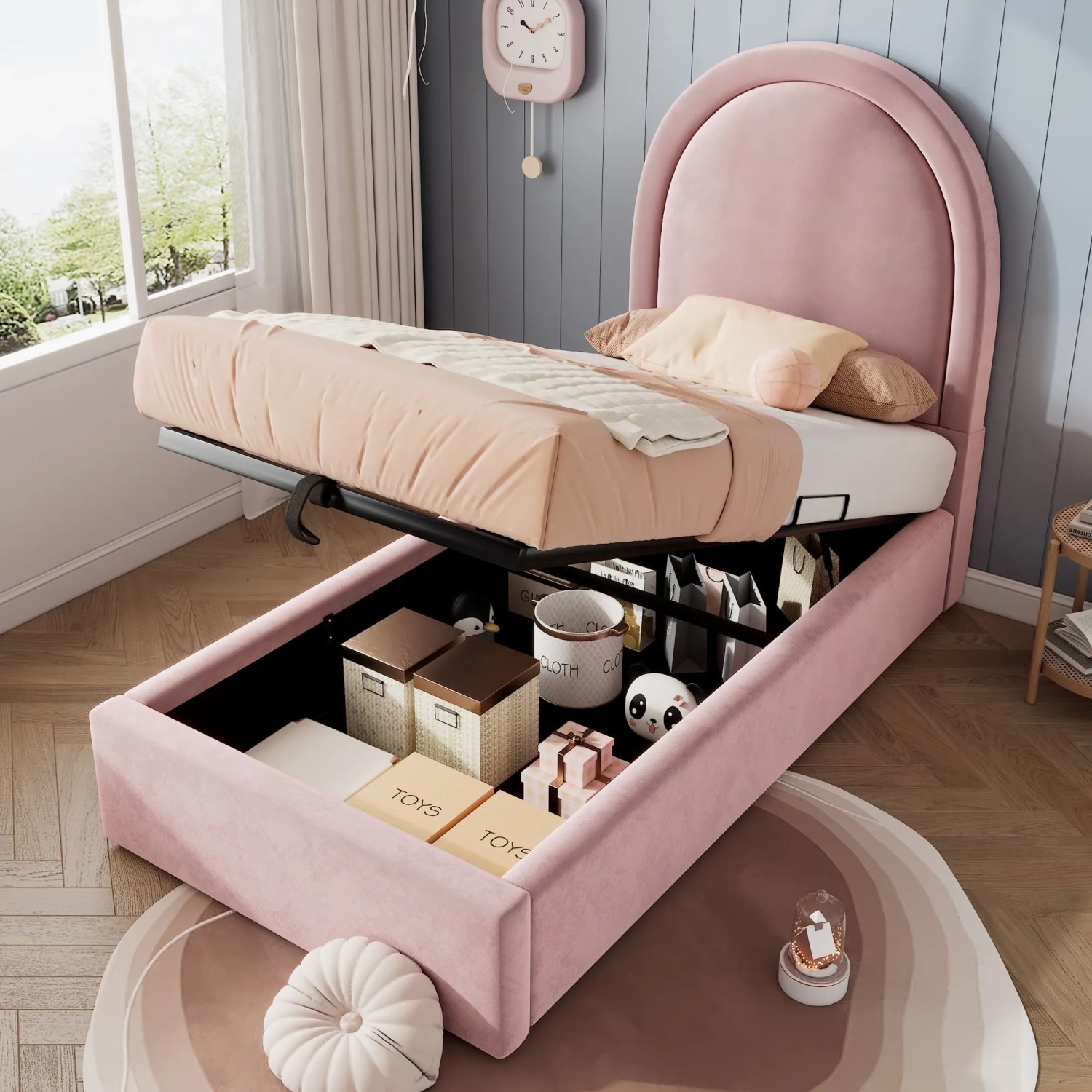Merax Kinder Polsterbett 90x200cm Einzelbett Samt Rosa