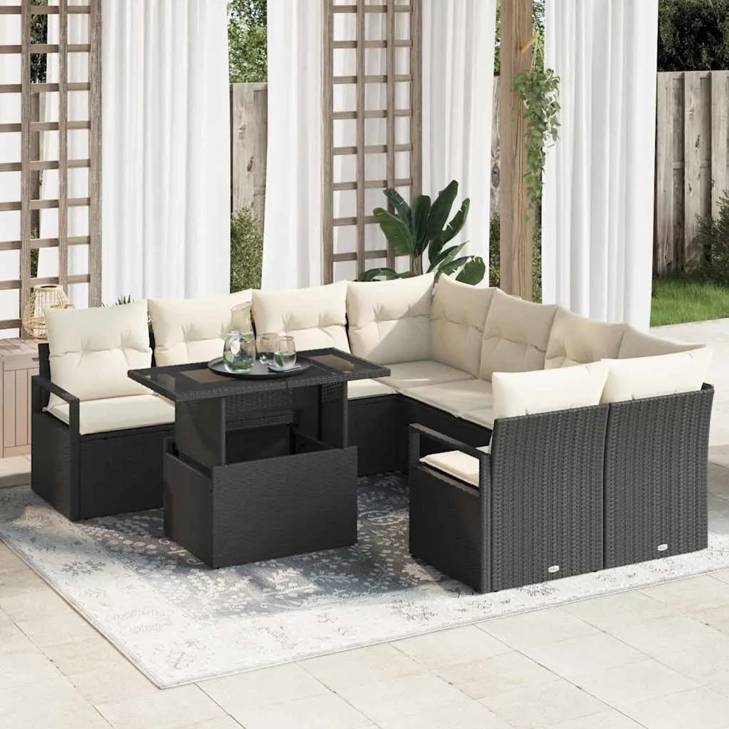 vidaXL 9-teiliges Garten-Sofa-Set aus Poly Rattan in Schwarz mit Kissen.