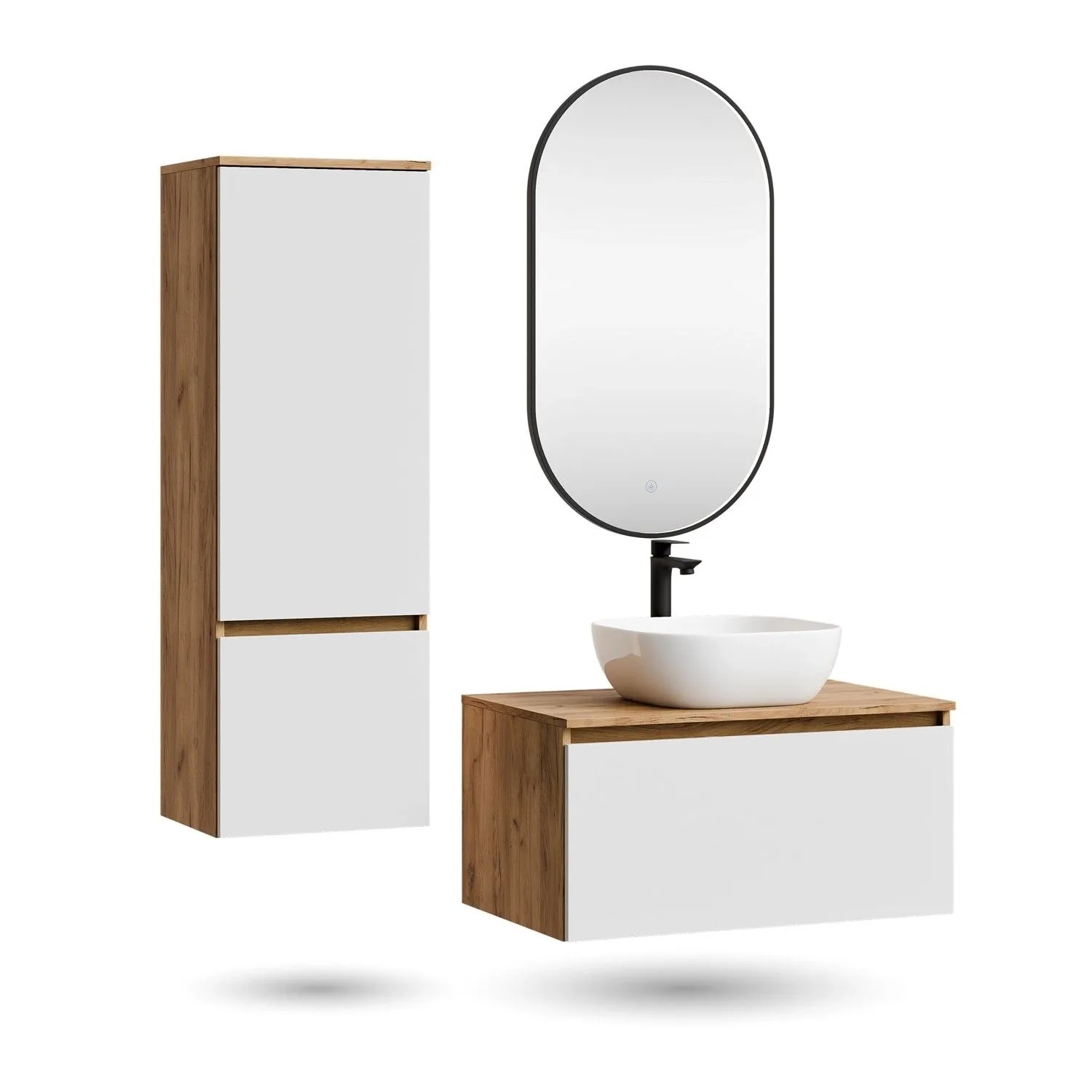 Planetmöbel ARISA Badmöbel Set 80 cm Weiß mit Hochschrank Glora LED Spiegel Dimmbar und Keramik Aufsatzwaschbecken 42 cm Weiß