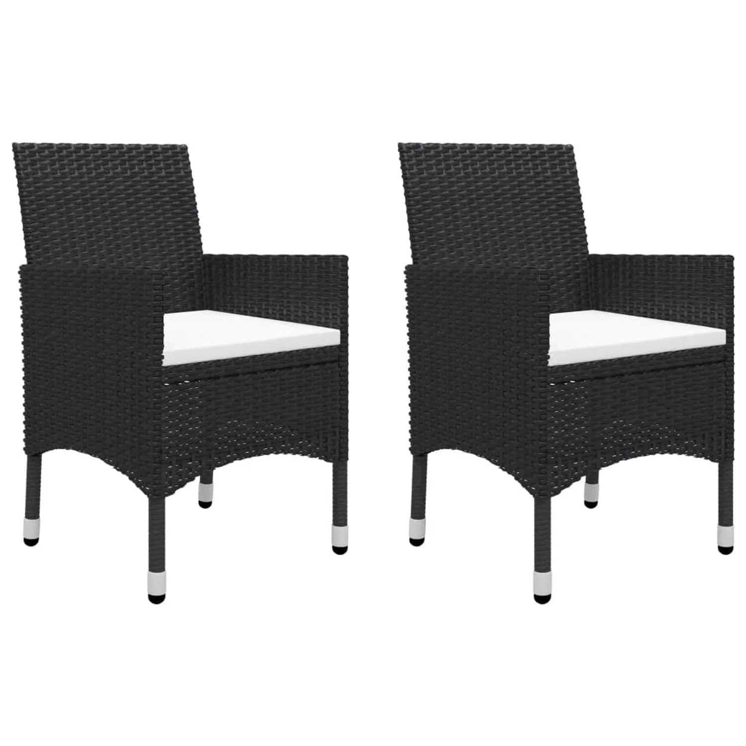 vidaXL Bistro-Set, 3-teilig, schwarzes Poly-Rattan mit Hartglas-Tischplatte und zwei Stühlen mit Sitzkissen.