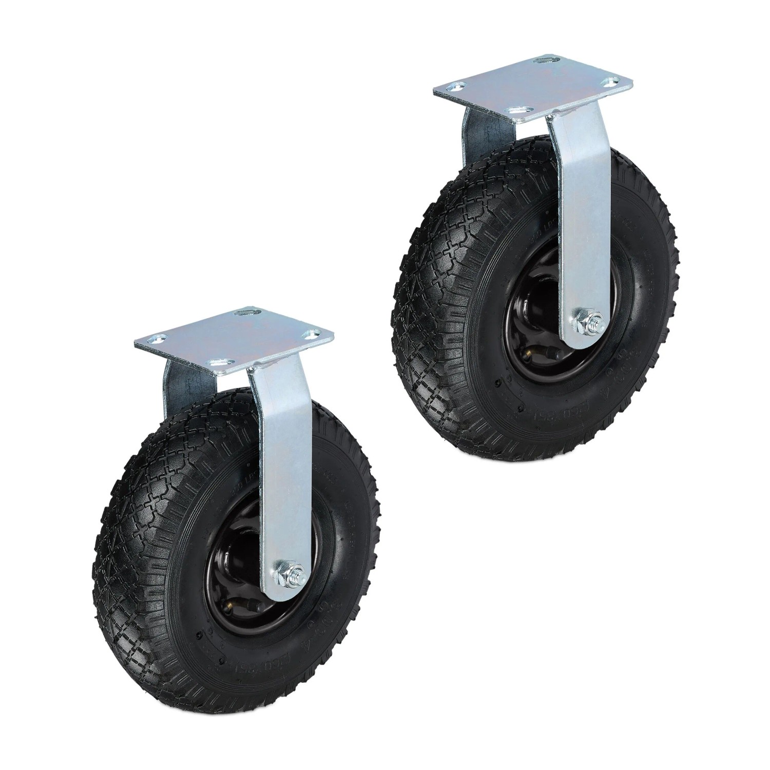 Relaxdays Bockrolle 2er Set Stahl Gummi Schwarz Schwerlast Luftbereift 26 cm x 8,5 cm