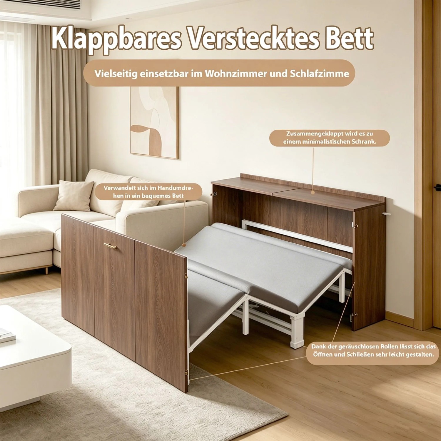 Merax Klappbett 140x200 cm, als dunkler Holzschrank getarnt, teilweise ausgeklappt im Wohnzimmer. Weißes Metallgestell. Graue Matratze.