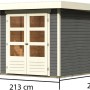 Modernes, terragraues Karibu Holz-Gartenhaus Raala 2 mit Doppeltür und Maßangaben.