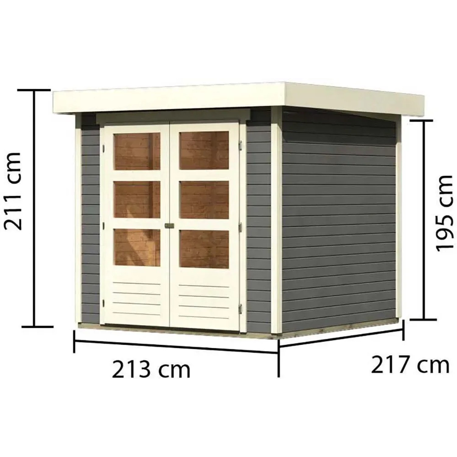 Modernes, terragraues Karibu Holz-Gartenhaus Raala 2 mit Doppeltür und Maßangaben.