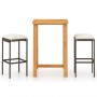 3-tlg. Gartenbar-Set braun: Akazientisch und Rattanstühle mit cremefarbenen Kissen.