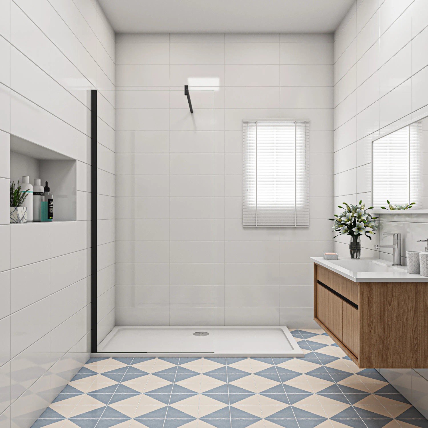 Begehbare Dusche mit schwarzem Rahmen, 60x200cm, 10mm ESG Glas Duschwand.