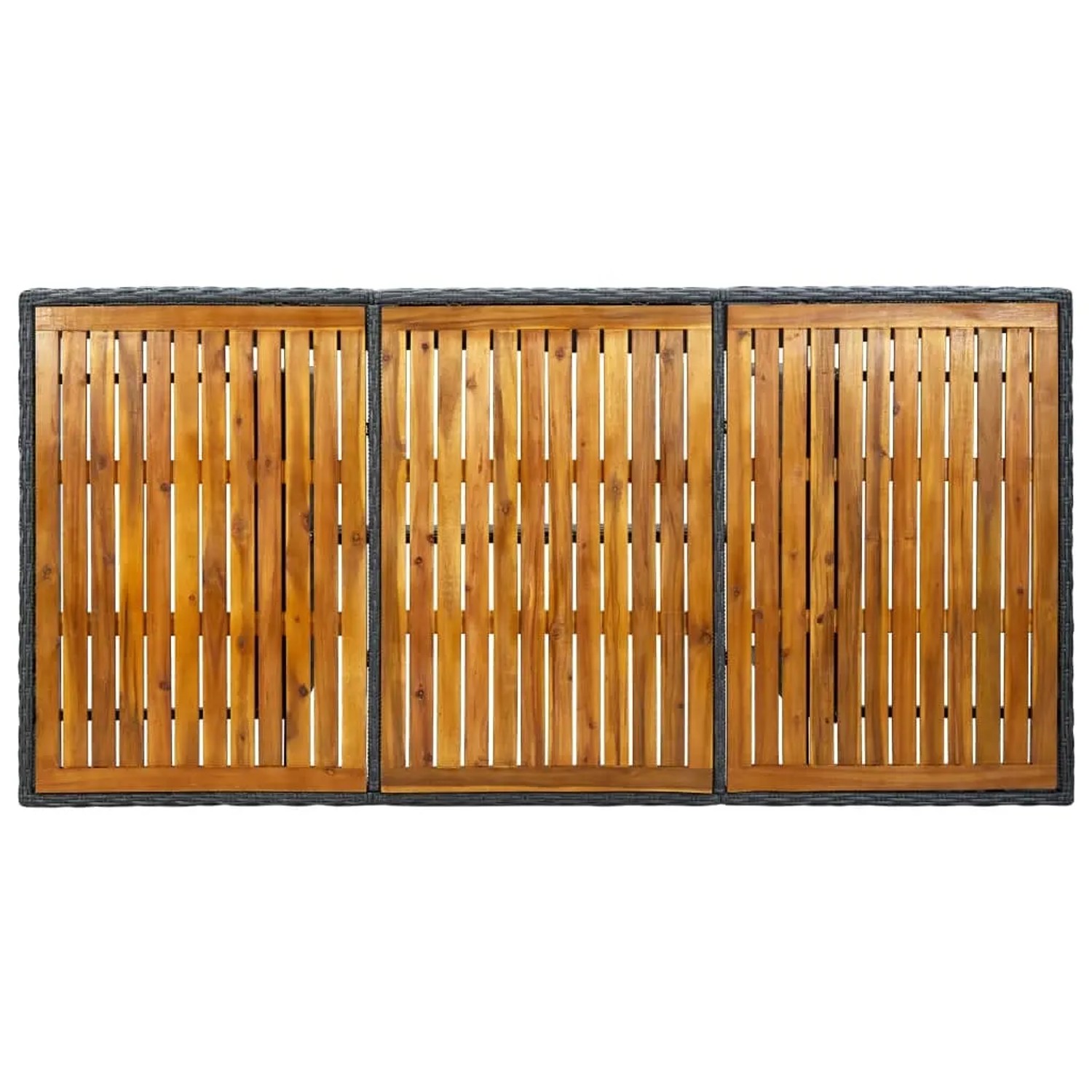 Dunkelgrauer vidaXL Gartentisch aus Poly Rattan mit Akazienholz-Tischplatte.