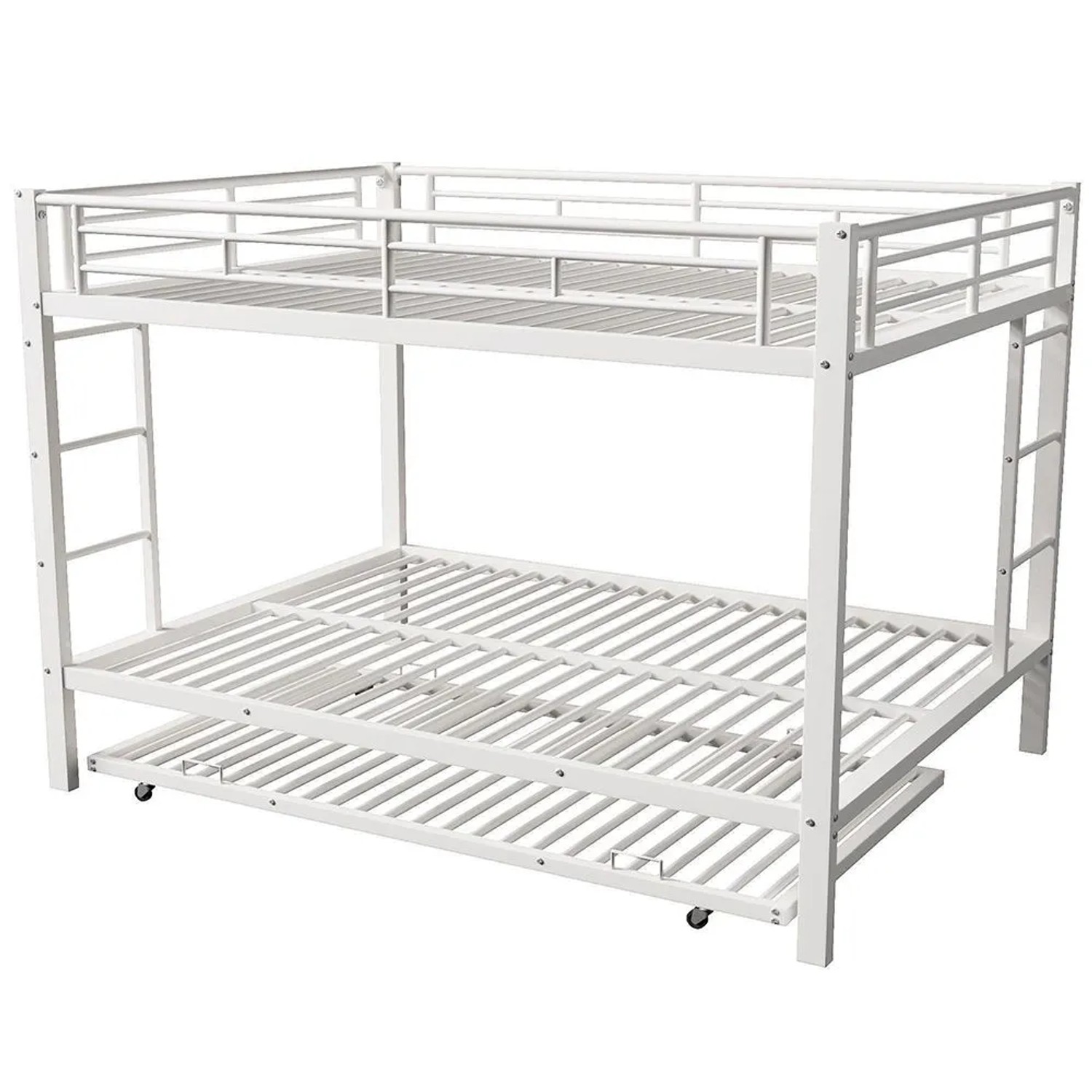 KOMHTOM Etagenbett 140 x 200 Cm  Eisenrahmen  Kinderbett  Mit Ausziehbett  Hohem Schutzgitter  Matratze Nicht Enthalten  Weiß