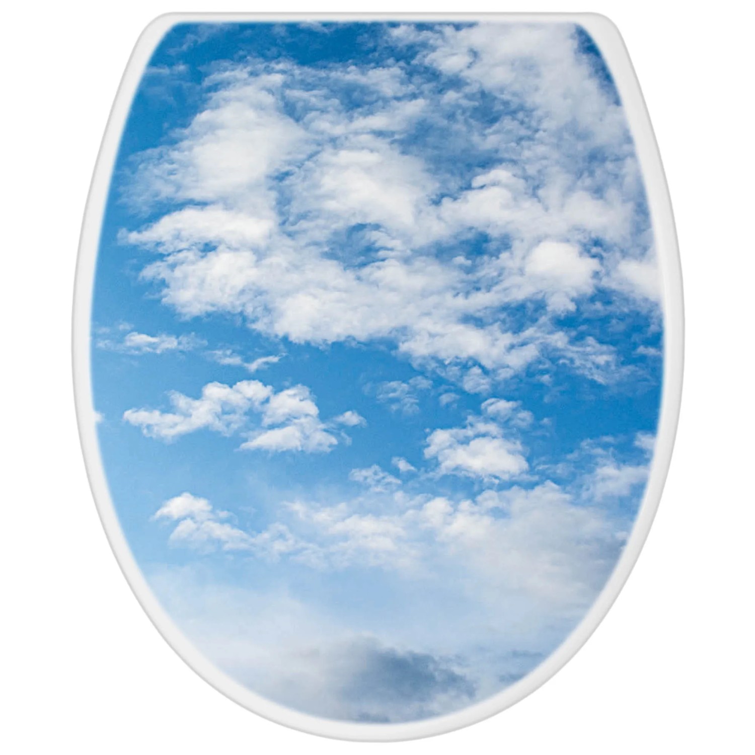 Weißer WC-Sitz mit Absenkautomatik und Wolken-Motiv für Standard-Toiletten.