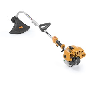 Stiga GT 330 A Benzin-Rasentrimmer mit gebogenem Schaft und gelbem Motorblock.
