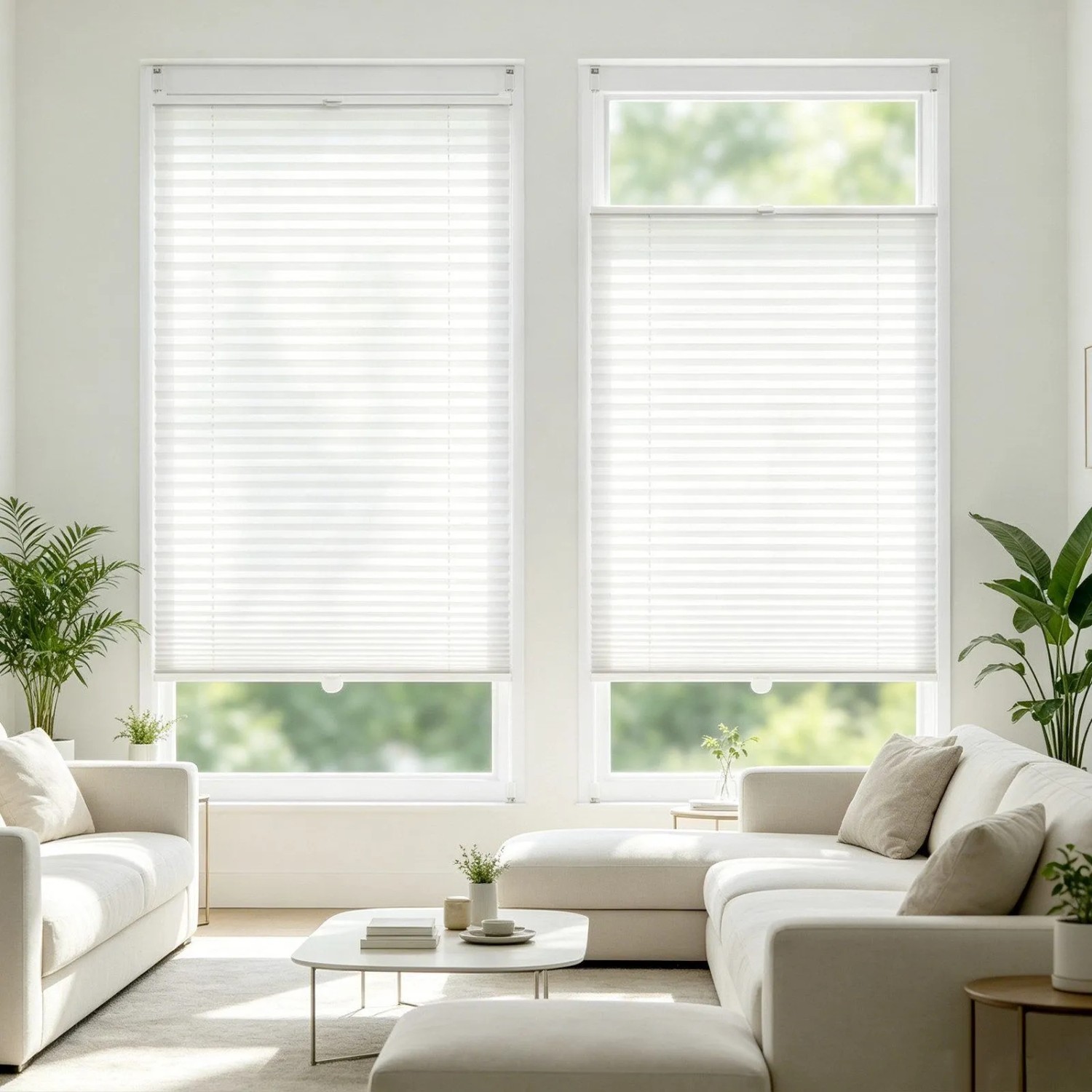 Weißes Plissee Klemmfix Faltrollo am Fenster im Wohnzimmer. Blickdichter Sonnenschutz ohne Bohren, oben und unten verstellbar.