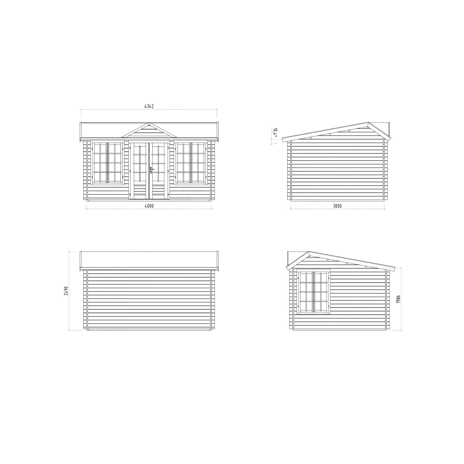 Technische Zeichnung Palmako Gartenhaus Claudia Pent 400x300 cm, Ansichten von allen vier Seiten.