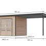 Karibu Gartenhaus Domingo 3 A mit Verlängerung in Natur-Anthrazit, Maße dargestellt.