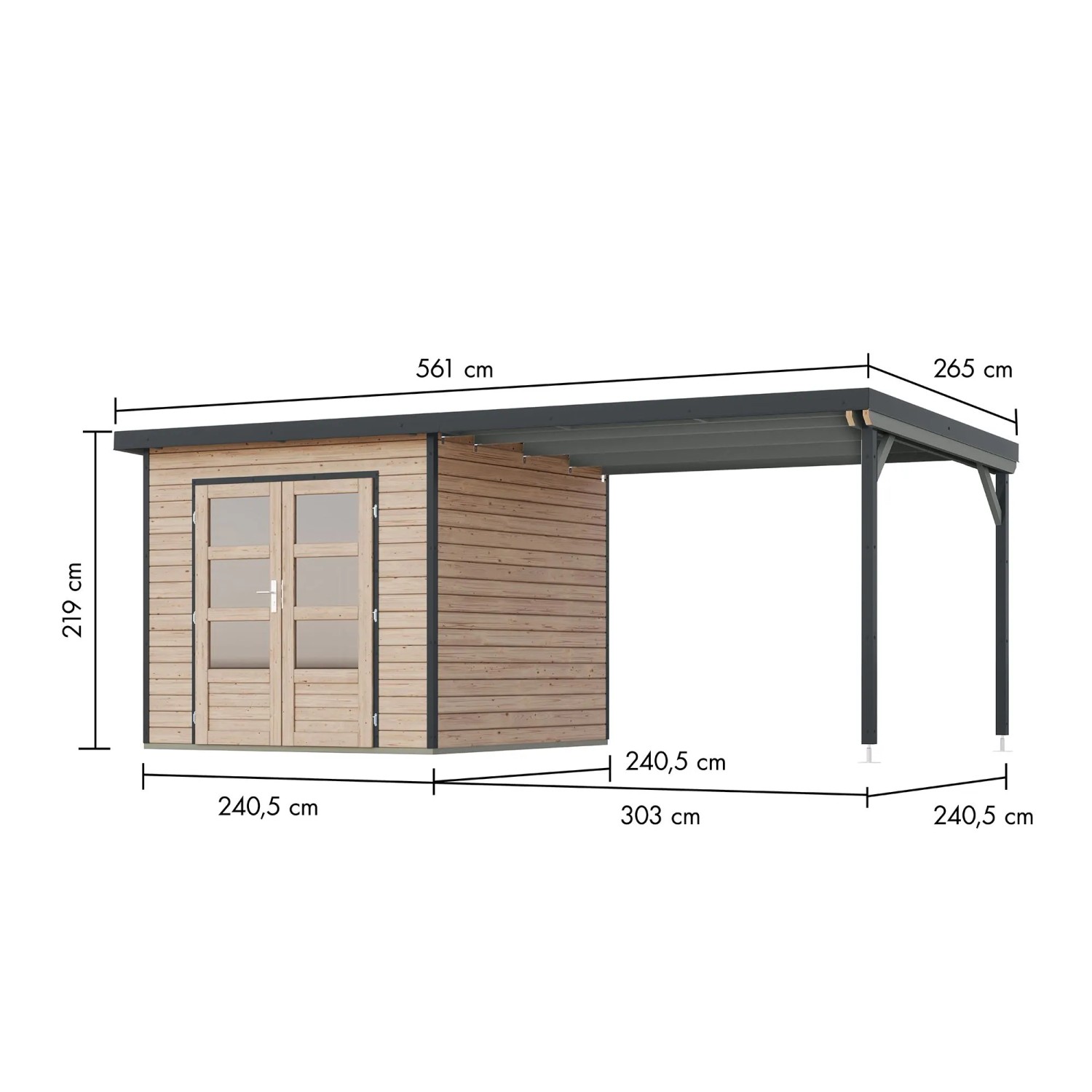Karibu Gartenhaus Domingo 3 A mit Verlängerung in Natur-Anthrazit, Maße dargestellt.