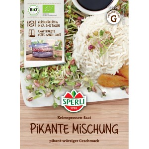 Sperli Bio Keimsprossen Pikante Mischung mit Reis und Sprossen auf Teller.