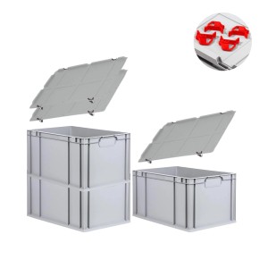 PROREGAL Spar Set: 3 graue Euroboxen mit Deckel und roten Schiebeschnappverschlüssen. Aufbewahrungsboxen.