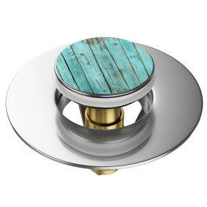 Sanilo Pop Up Waschbeckenstöpsel Lumber mit blauem Holz-Design.