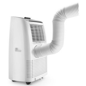 Mobiles DeLonghi Klimagerät PAC EX100 Silent in Weiß mit Abluftschlauch.