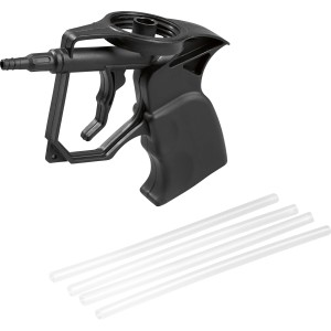 Schwarze LUX Montageschaumpistole aus Kunststoff mit Reinigungsnadeln für PU-Schaum.
