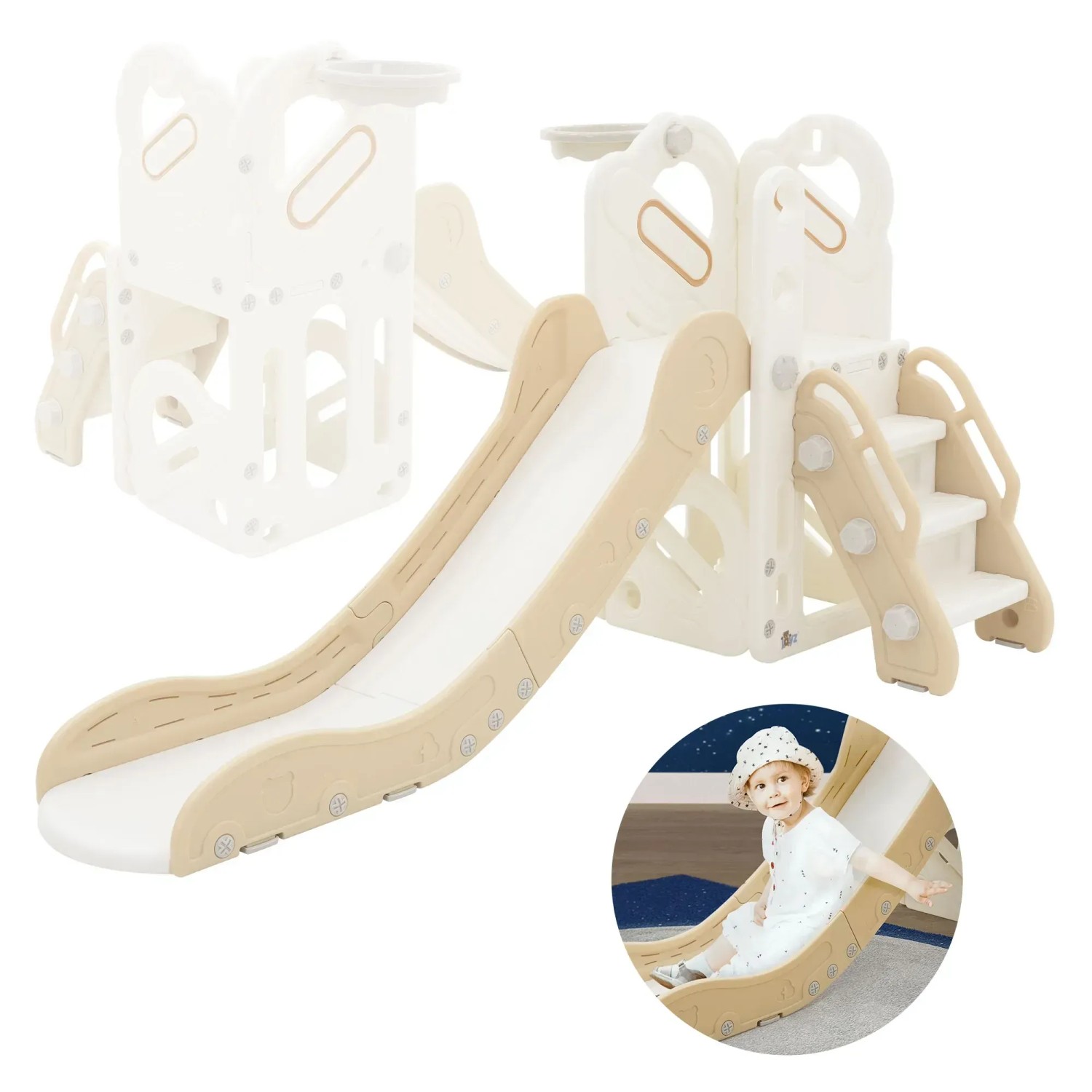 Joyz Kinderrutsche 3in1 in Weiß-Beige mit Turm und Basketballkorb aus Kunststoff.