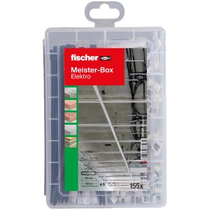 Fischer Meister-Box Elektro, 155-teilig, mit Kabelbindern und Nagelschellen in transparenter Kunststoffbox.