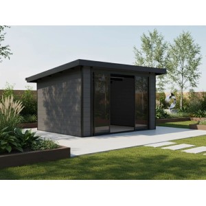 Modernes, graues Fjordholz WPC Gartenhaus Modell Sunshine Slide mit Schiebetür und Flachdach.