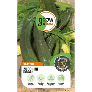Samenpackung GROW by OBI Zucchini Diamant F1 mit dunkelgrünen Zucchini und Blättern.