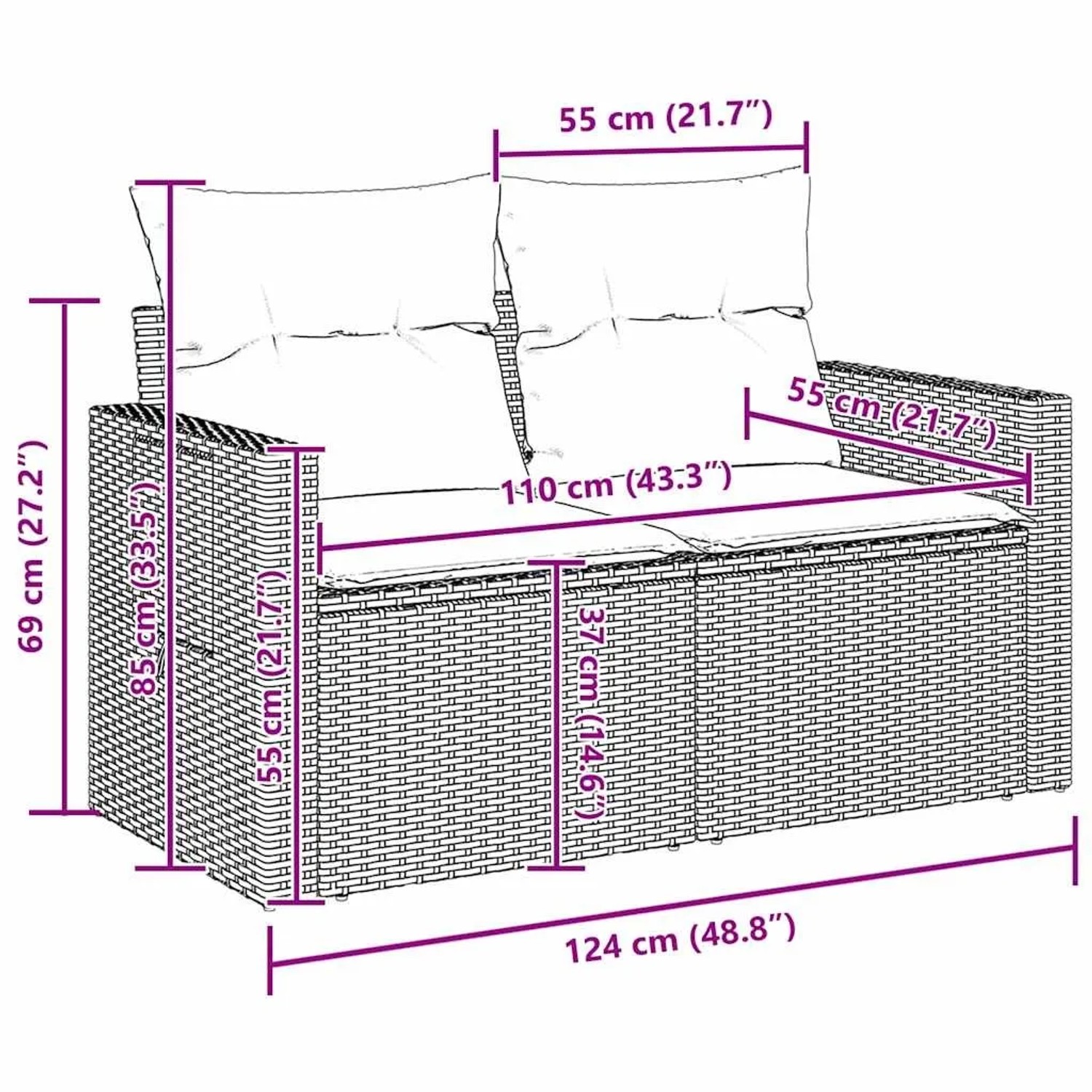 vidaXL Gartenmöbel-Set Beige Poly Rattan, 11-teilig, mit Maßangaben.
