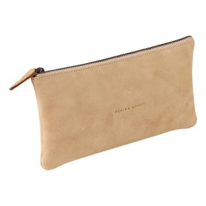Beiges Leder-Schlampermäppchen Flying Spirit mit goldfarbenem Reißverschluss. Praktisches Etui für Bürobedarf.