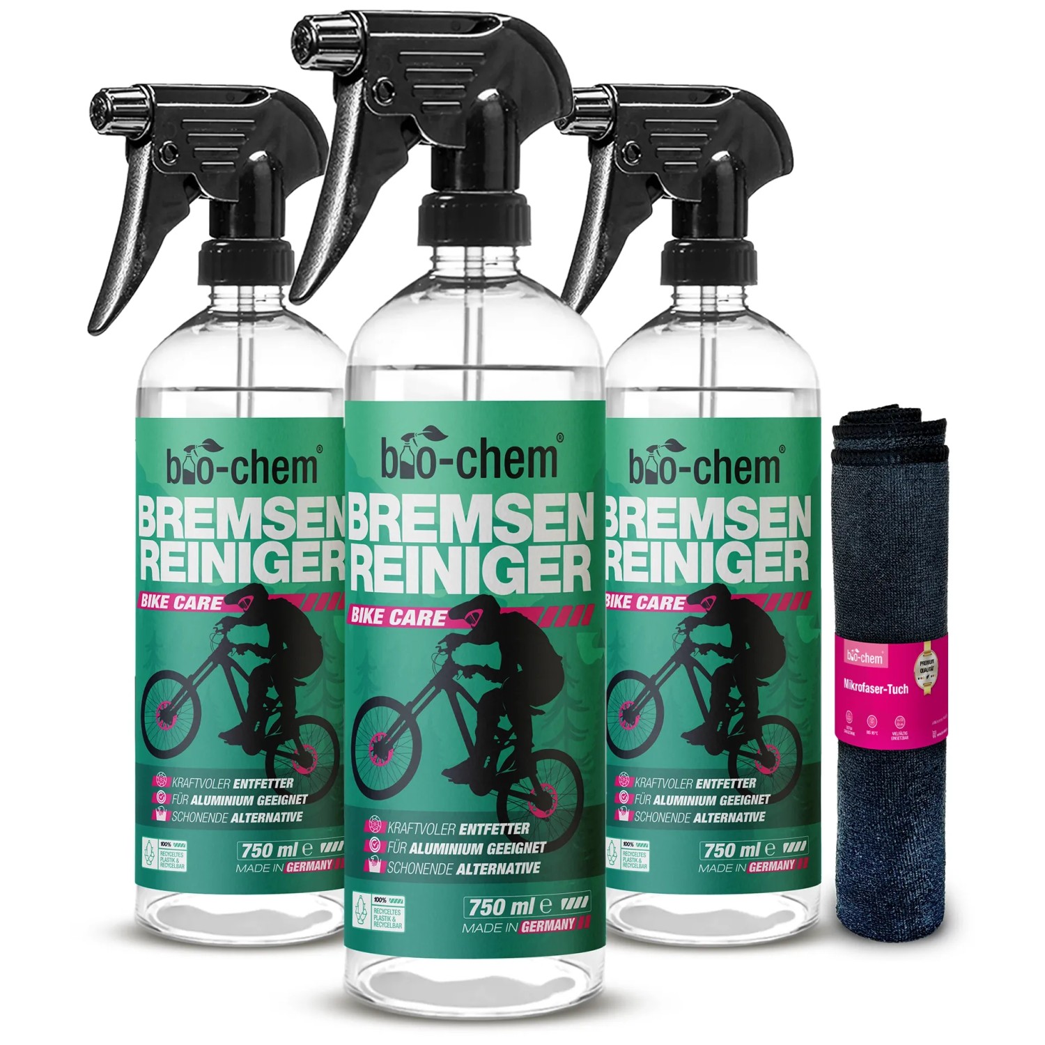 bio-chem Bremsenreiniger Spray Entfetter mit Mikrofasertuch für Kfz 3x 750 ml