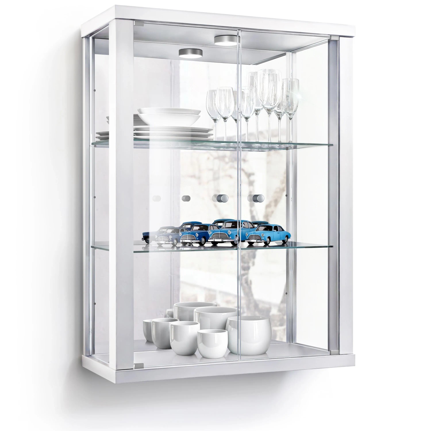 K-Möbel Wandvitrine Glas 80x60x25 cm - Made in Germany - Hängevitrine mit LED - Spiegel & 2 höhenverstellbaren ESG -Glas...