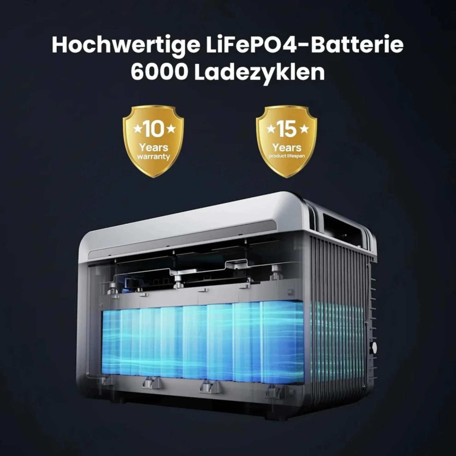Growatt Nexa 2000 Power Station mit LiFePO4-Akku und Erweiterungsakku im transparenten Gehäuse.