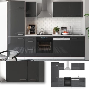 Vicco Optima Küchenzeile in Anthrazit Hochglanz/Weiß, 270 cm, ohne Arbeitsplatte, mit LED-Leisten.