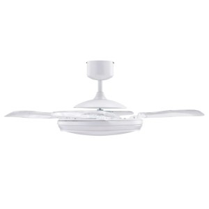 Weißer BEACON Deckenventilator Fanaway EVO 1 mit LED-Beleuchtung und Fernbedienung.