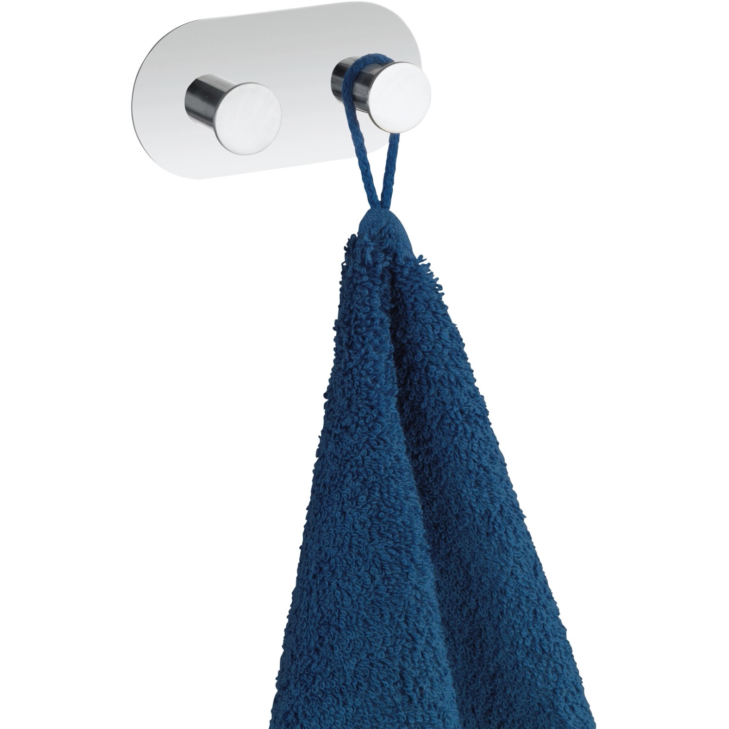 Wenko Wandhaken Cona Duo, Edelstahl glänzend, mit blauem Handtuch. Handtuchhalter für Bad und Küche.